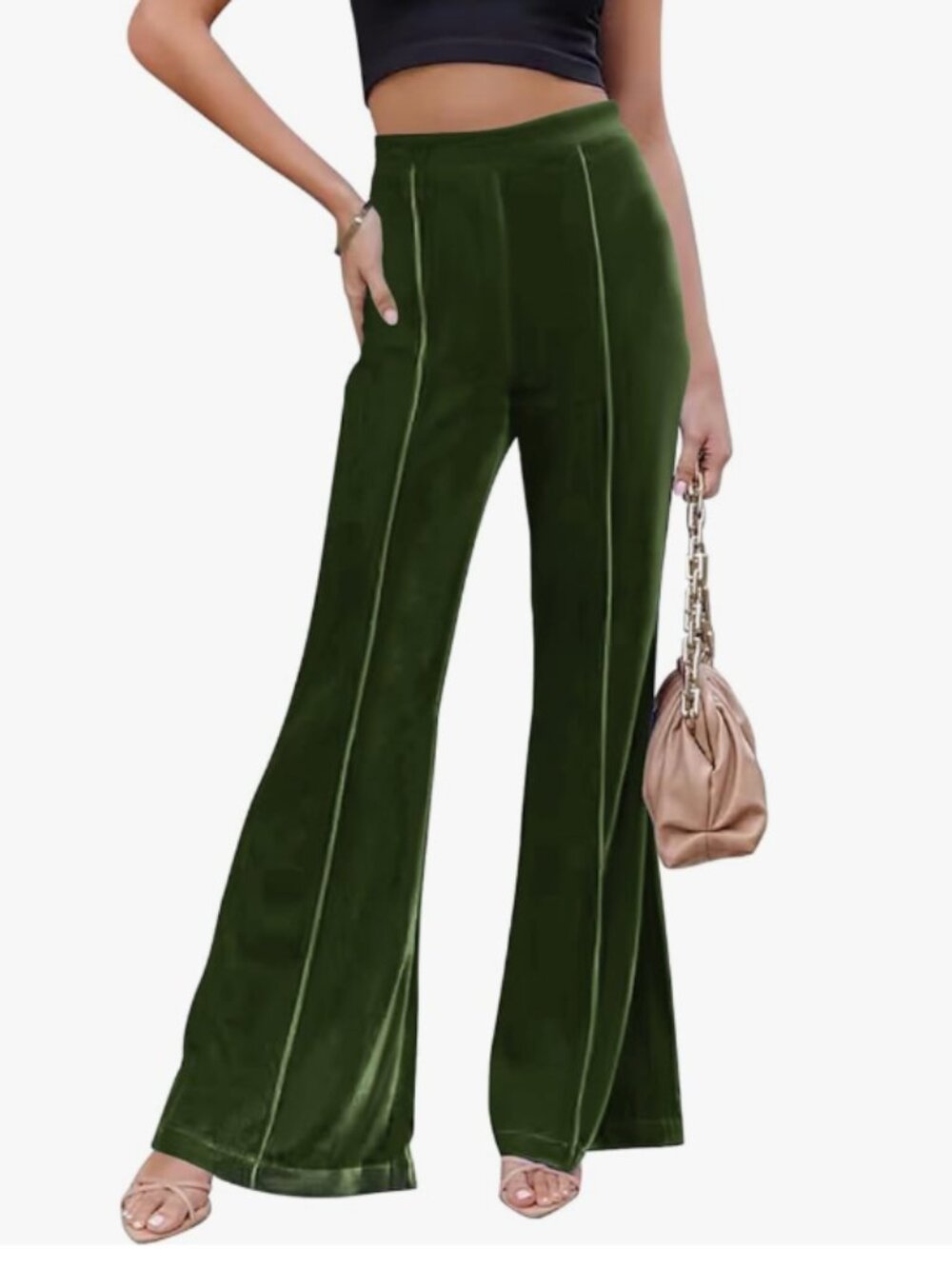 Olive Green Velvet Velour Flare Pants High Rise Elastic Waist Wide Leg Retro